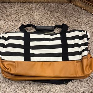 DSW Black and White Striped Travel Bag with Tan Accents